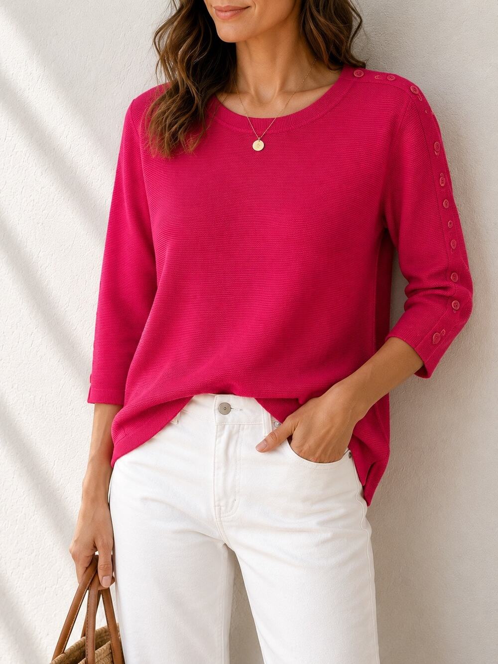 TALBOTS Hot Pink Nautical Button Shoulder Knit Sweater Coastal Grandma XL